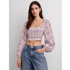 GANNI Lavender Plaid Puff Long Sleeve Square Neck Smocked Cottagecore Crop Top S